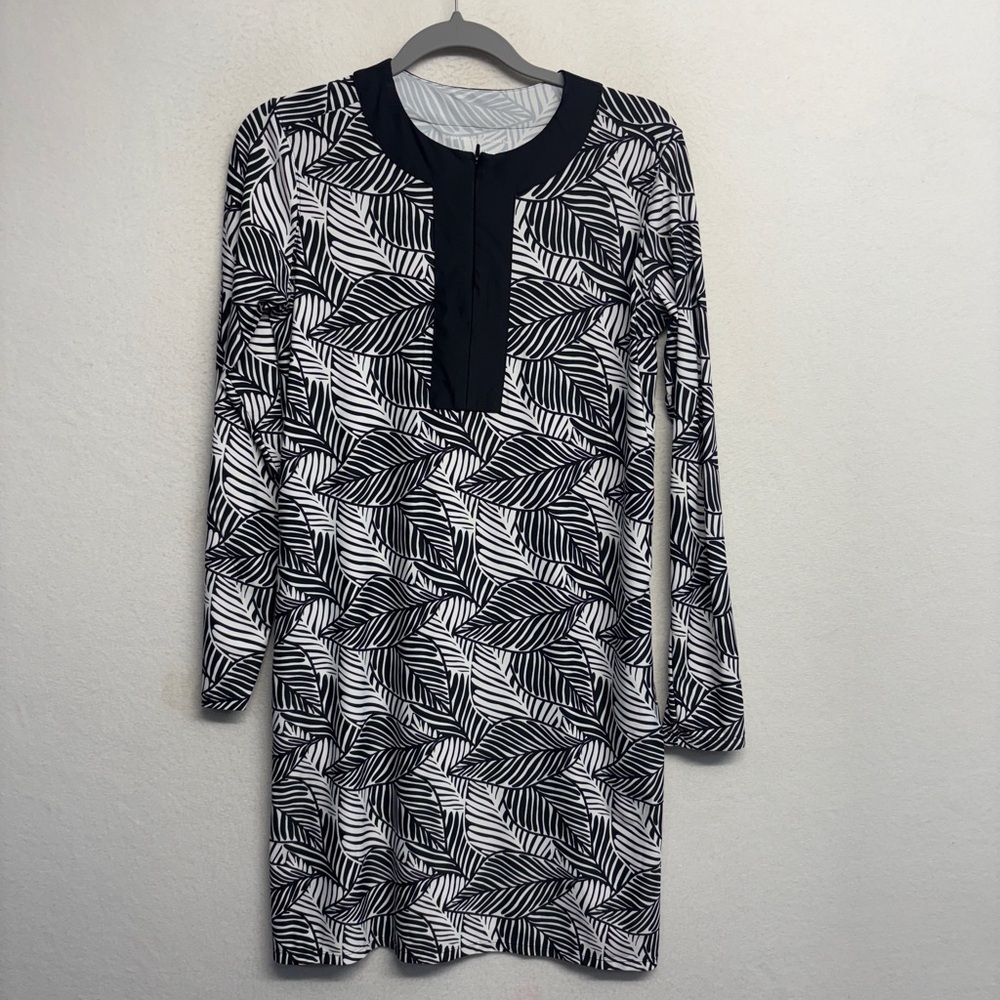 Coolibar‎ Shoreside Swim Cover Up Dress S Black White Long Sleeve UPF 50+